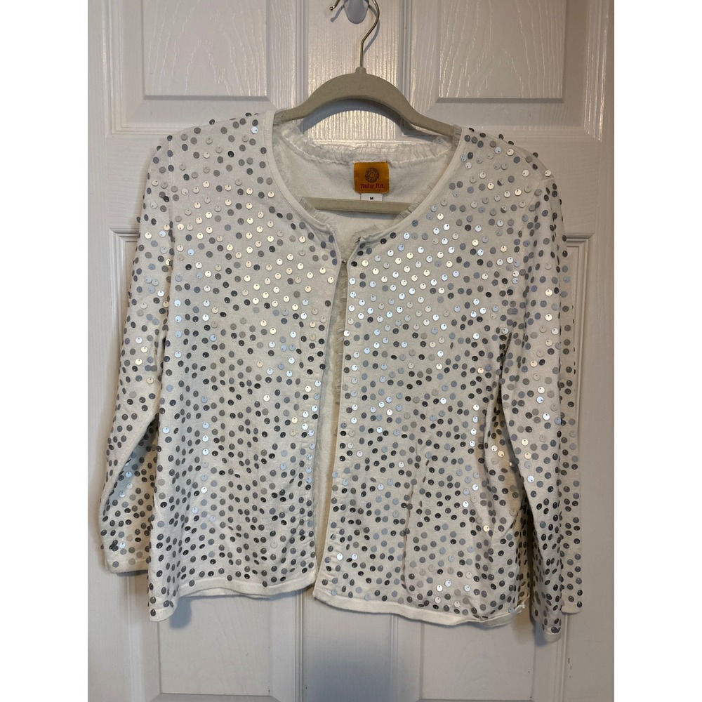 Ruby Rd. Women's Cardigan Sweater Silver Sequin Embellished Open Front Party